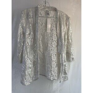 Pinky Silver Cardigan 3/4 Sleeve Large Lace Floral NWT